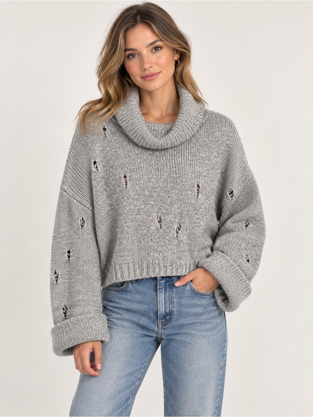 Vintage Havana Gray Distressed Cowl Neck Knit Sweater Size S